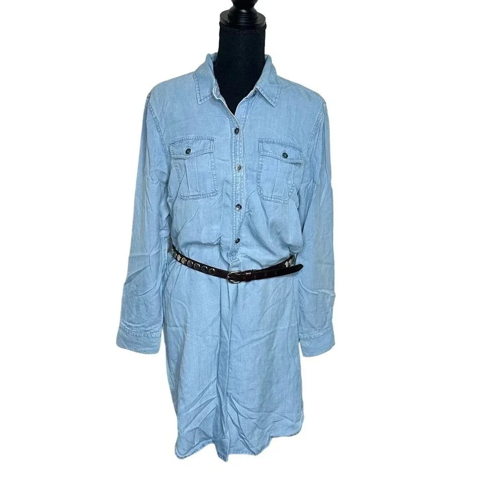 Chaps Shirt Dress Large Light Blue Lyocell‎ Long Sleeve Button Front Belted